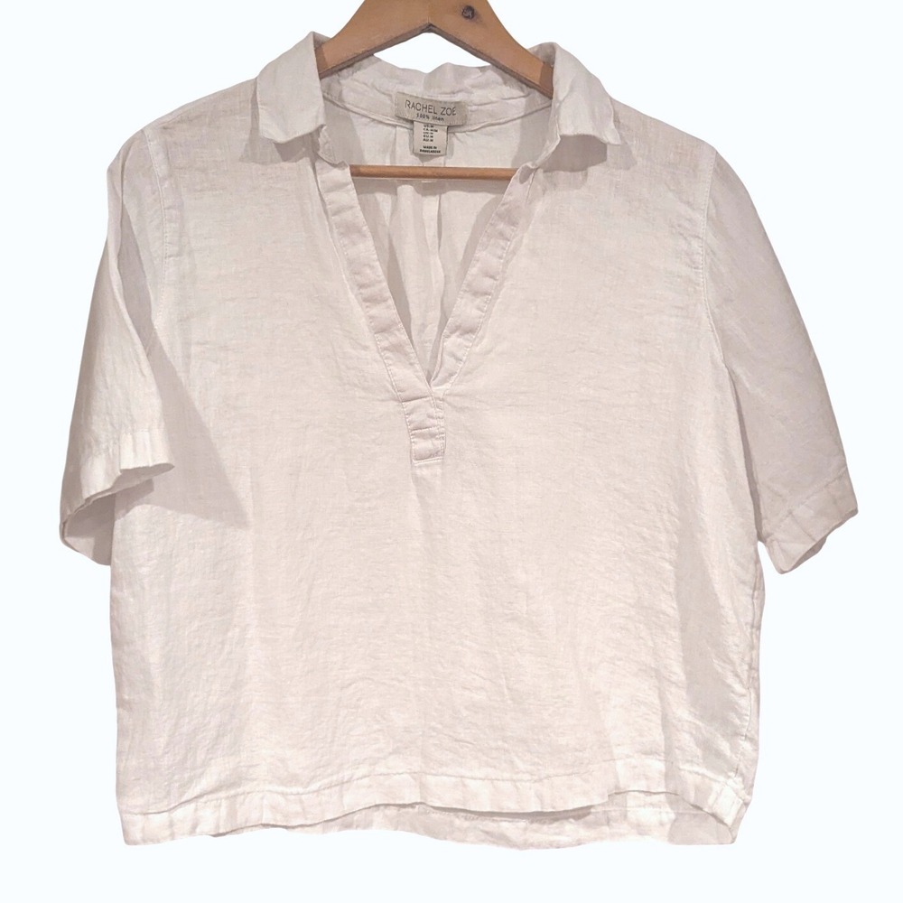 Rachel Zoe White 100% Linen Short Sleeve V-Neck Collared Boxy Top Mens Medium
